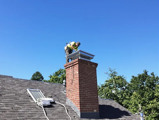 Stratford Chimney Sweep technician measuring a chimney cap in Stratford, CT